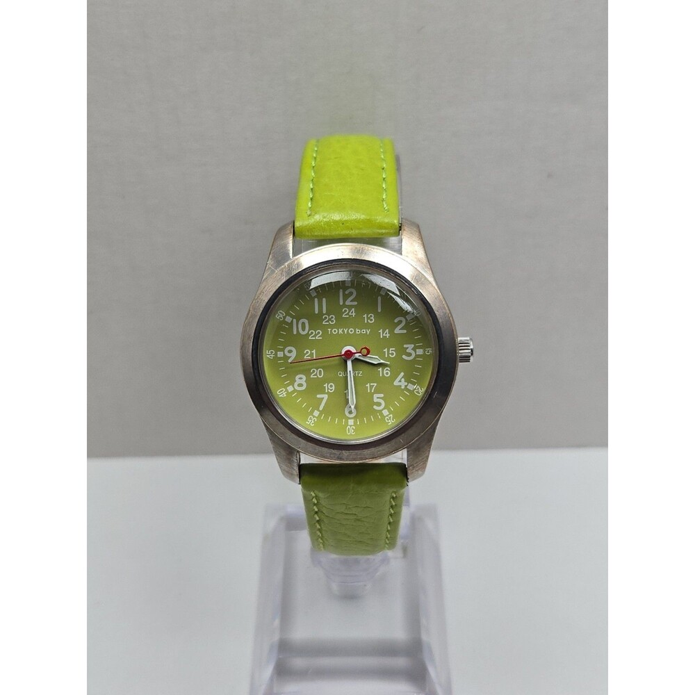 Tokyobay Lime Green 24 Hour Military Field Quartz Watch Red Band New Battery